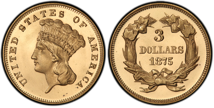 1875 Three-Dollar Gold Piece. Proof-65+ Deep Cameo (PCGS).